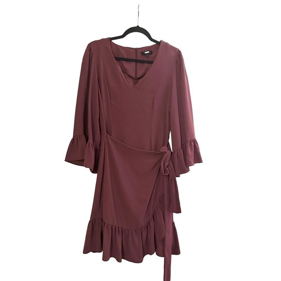 DREW Merlot Mai Drape Sleeve Mini Dress Faux Wrap-Front - Sz Small - Picture 3 of 6